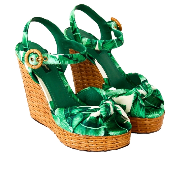 DOLCE & GABBANA Palm Leaf Rattan Platform Canvas Sandals Shoes EU 37 - Picture 2 of 7